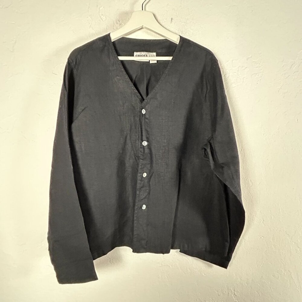 Chico's Womens Linen Collarless Long Sleeve Button Down Top Size 3 Lightweight
